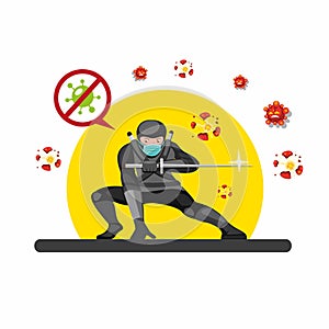 Ninja wear mask destroy cell bacteria virus with sword katana. ninja pose behind sunset. in cartoon flat illustration vector