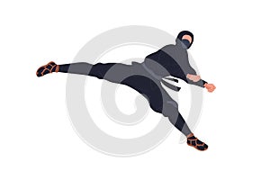 Ninjutsu fighter. Ninja wrestler, Japan warrior in fight action. Japanese wrestling, martial art. Man in black outfit