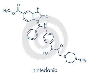Nintedanib cancer drug molecule. Angiogenesis inhibitor. Skeletal formula. photo