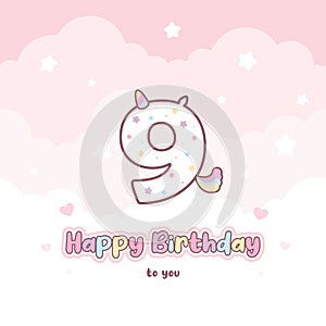 Ninth birthday greeting card with cute unicorn number