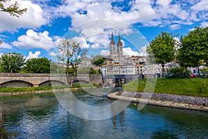 A view of Niort from the quay of Sevre Niortaise river, Deux-Sevres, Poitou-Charentes region, France