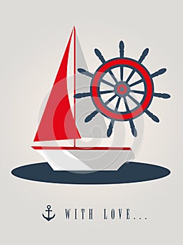 Nise card with yacht and helm photo