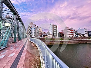 Nishi Chaya\'s Iron steel bridge at Sunset, Kanazawa, Ishikawa, Japan