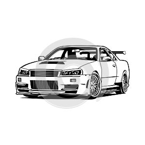 Nissan GTR R35 Blue sports car illustration vector line art black and white photo