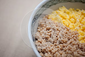 Nisyokudon (Minced chicken and Scrambled eggs)