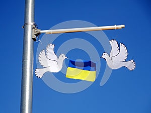 Nitaure, LATVIA - MARCH 10, 2022: Two white doves of peace hold the Ukrainian flag on a blue sky background