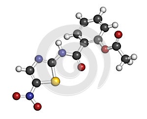 Nitazoxanide antiprotozoal drug molecule. Atoms are represented as spheres with conventional color coding: hydrogen (white), photo