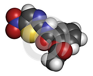 Nitazoxanide antiprotozoal drug molecule. Atoms are represented as spheres with conventional color coding: hydrogen (white), photo