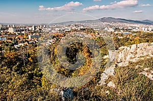 Nitra city and Zobor hill, in autumn, yellow filter