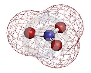 Nitrate anion, chemical structure. 3D rendering. Atoms are represented as spheres with conventional color coding: nitrogen (blue