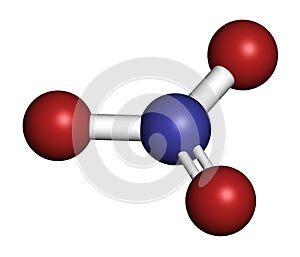 Nitrate anion, chemical structure. 3D rendering. Atoms are represented as spheres with conventional color coding: nitrogen (blue photo