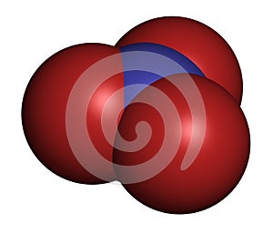 Nitrate anion, chemical structure. 3D rendering. Atoms are represented as spheres with conventional color coding: nitrogen (blue photo