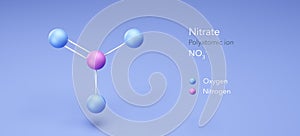 nitrate molecular structures, 3d model Polyatomic ion, Structural Chemical Formula and Atoms with Color Coding