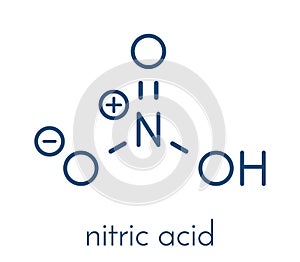 Nitric acid HNO3 strong mineral acid molecule. Used in production of fertilizer and explosives. Skeletal formula.