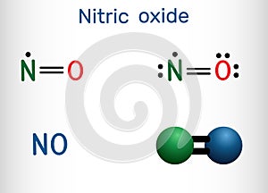 Nitric oxide, nitrogen monoxide, NO molecule. Structural chemical formula and molecule model