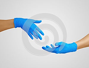 Nitrile glove. Medic`s hands blue, covid, photo