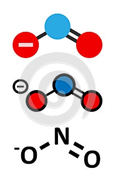 Nitrite anion, chemical structure. Nitrite salts are used in the curing of meat