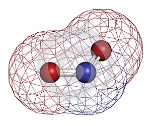 Nitrite anion, chemical structure. Nitrite salts are used in the curing of meat. 3D rendering. Atoms are represented as spheres