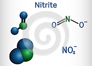 Nitrite anion, NO2- molecule. Structural chemical formula and molecule model