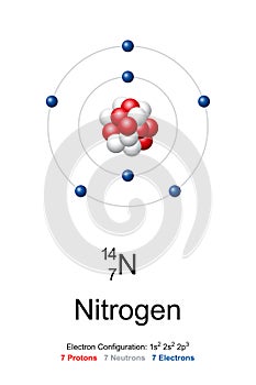 Nitrogen, atom model of nitrogen-14 with 7 protons, 7 neutrons and 7 electrons photo