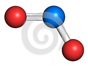 Nitrogen dioxide (NO2) air pollution molecule. Free radical compound, also known as NOx. Atoms are represented as spheres with