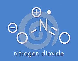 Nitrogen dioxide NO2 air pollution molecule. Free radical compound, also known as NOx. Skeletal formula.
