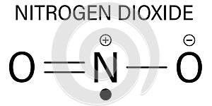 Nitrogen dioxide NO2 air pollution molecule. Free radical compound, also known as NOx. Skeletal formula.