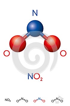 Nitrogen dioxide, NO2, molecule model and chemical formula