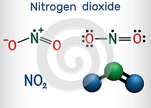 Nitrogen dioxide, NO2 molecule. Structural chemical formula and molecule model