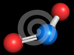 Nitrogen dioxide (NO2) air pollution molecule. Free radical compound, also known as NOx. Atoms are represented as spheres with