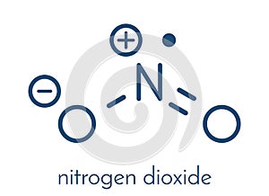 Nitrogen dioxide NO2 air pollution molecule. Free radical compound, also known as NOx. Skeletal formula.