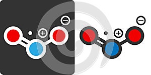 Nitrogen dioxide (NO2, NOx) toxic gas and air pollutant, flat icon style. Atoms shown as color-coded circles (oxygen - red,