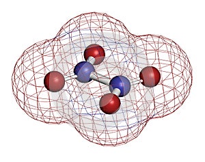 Nitrogen tetroxide (dinitrogen tetroxide, N2O4) rocket propellant molecule. 3D rendering. Atoms are represented as spheres with photo