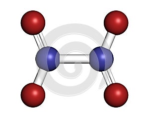 Nitrogen tetroxide (dinitrogen tetroxide, N2O4) rocket propellant molecule. 3D rendering. Atoms are represented as spheres with photo