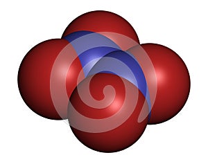 Nitrogen tetroxide (dinitrogen tetroxide, N2O4) rocket propellant molecule. 3D rendering. Atoms are represented as spheres with