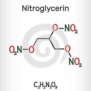 Nitroglycerin, glyceryl trinitrate, nitro molecule, is drug and explosive. Structural chemical formula