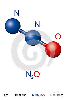 Nitrous oxide, N2O, laughing gas, molecule model and formula