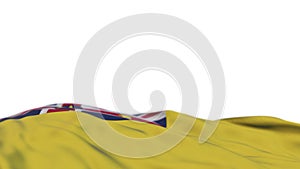 Niue fabric flag waving on the wind loop. Niuean embroidery stiched cloth banner swaying on the breeze. Half-filled white