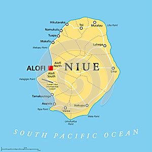 Niue, self governing island state in the South Pacific Ocean, political map