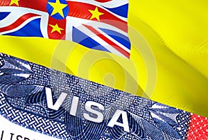 Niue Visa Document, with Niue flag in background. Niue flag with Close up text VISA on USA visa stamp in passport,3D rendering.