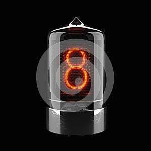 Nixie tube indicator isolated on black. The number eight of retro. 3d rendering.