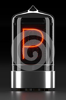 Nixie tube indicator, lamp gas-discharge indicator on dark background. Letter `p` of retro. 3d rendering