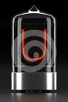 Nixie tube indicator, lamp gas-discharge indicator on dark background. Letter `u` of retro. 3d rendering photo