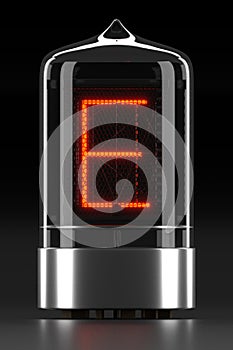 Nixie tube indicator, lamp gas-discharge indicator on dark background. Letter `e` of retro. 3d rendering