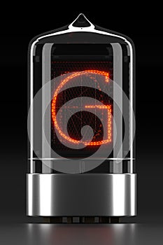 Nixie tube indicator, lamp gas-discharge indicator on dark background. Letter `g` of retro. 3d rendering