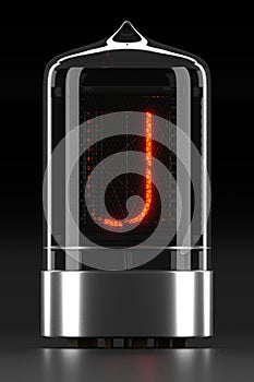 Nixie tube indicator, lamp gas-discharge indicator on dark background. Letter `j` of retro. 3d rendering