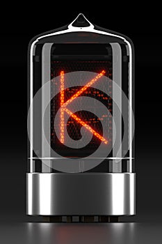 Nixie tube indicator, lamp gas-discharge indicator on dark background. Letter `k` of retro. 3d rendering