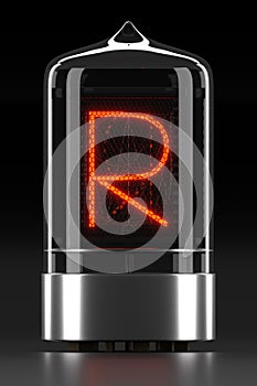 Nixie tube indicator, lamp gas-discharge indicator on dark background. Letter `r` of retro. 3d rendering photo