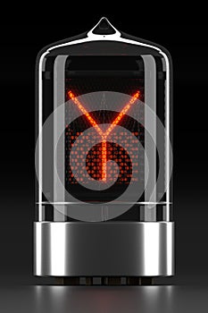 Nixie tube indicator, lamp gas-discharge indicator on dark background. Letter `y` of retro. 3d rendering