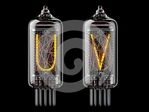 Nixie tube indicator. Letters u and v on black background